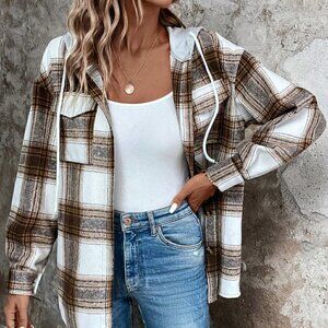 Brown Casual Womens Plaid Print Drop Shoulder Drawstring Hooded Coat